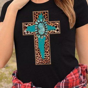 women's top with turquoise and leopard cross
